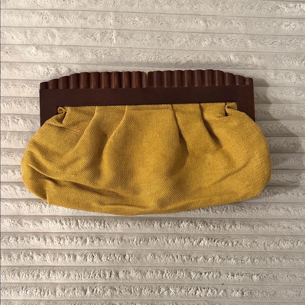 Old Navy Mustard Yellow Fabric Clutch with Wood Frame